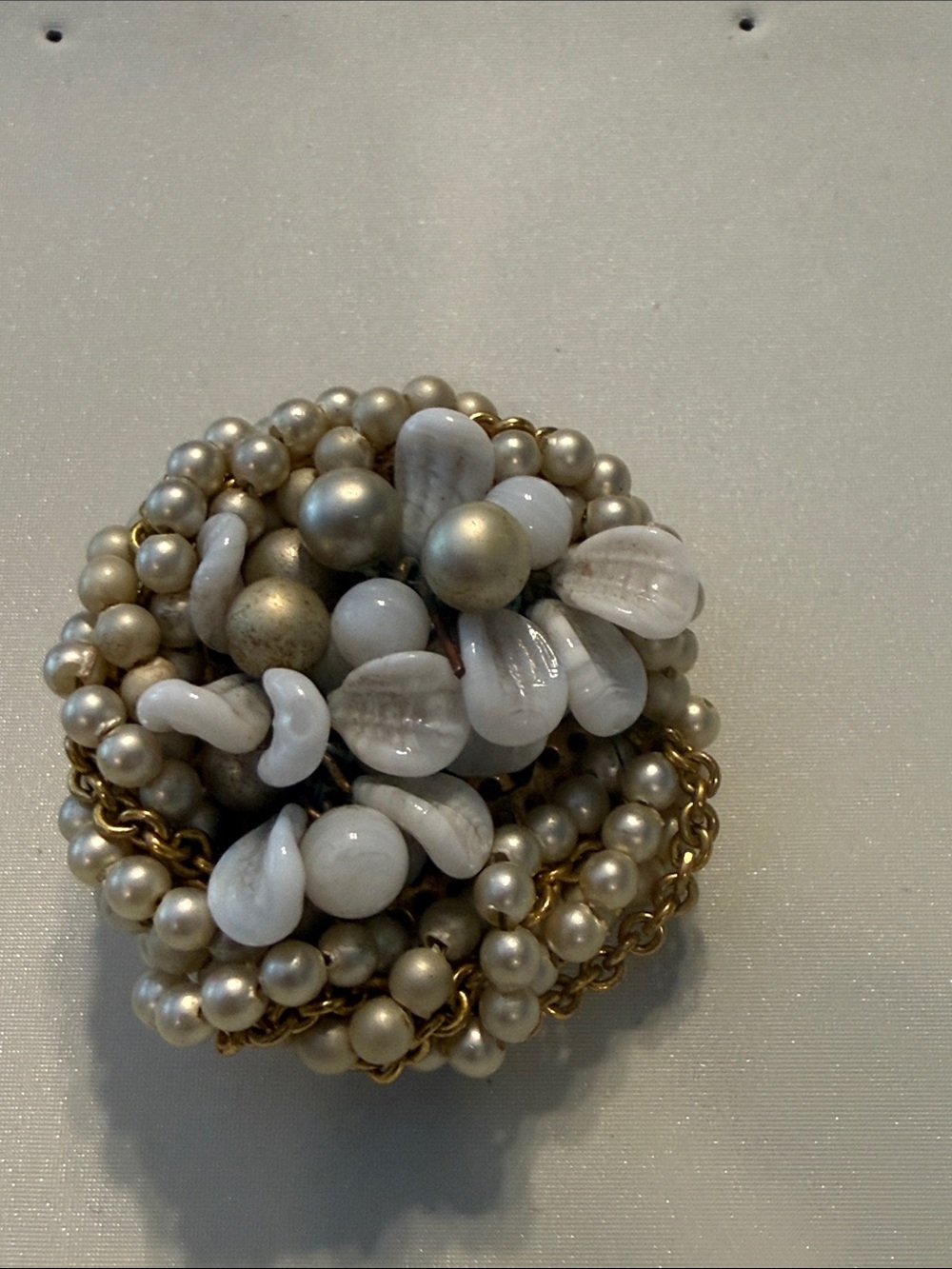 Gold and White Beaded Statement Brooch